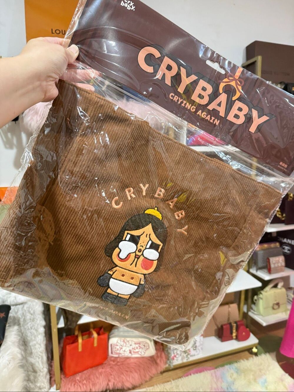 New pop mart Crybaby Brown corduroy Tote Bag